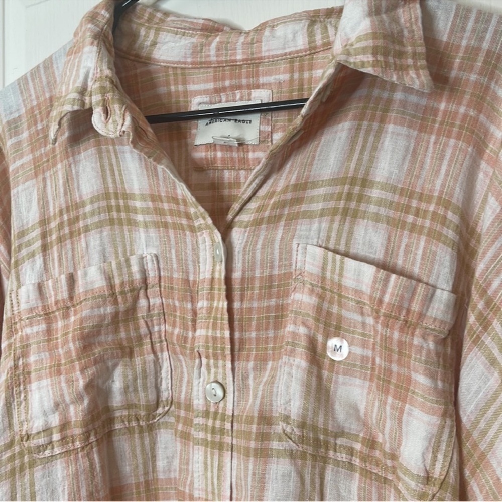 American Eagle Oversized Plaid Button Down Linen Blend Medium - Picture 5 of 14